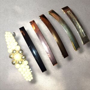 Lot of Barrette Hairclips 6 Pearl Bead, Varied Goldtones And Black